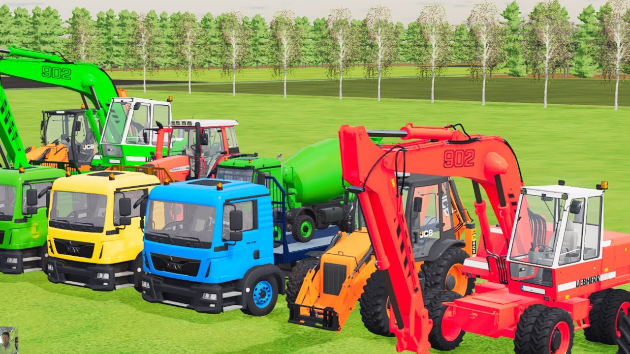 TRANSPORTING EXCAVATOR MIXER TRUCK TRACTORs Backhoe loaders with truck in Game FARMING SIMULATOR 22