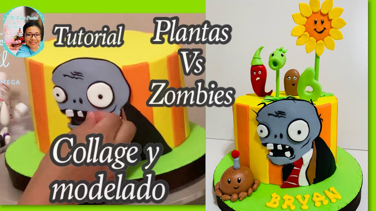 Decoración Pastel Plantas vs Zombies, collage y modelados (Tutorial decoración Fondant)