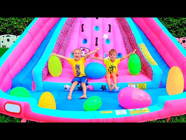 Huge Eggs Surprise Toys Challenge with Inflatable slide for Vlad and Nikita class=