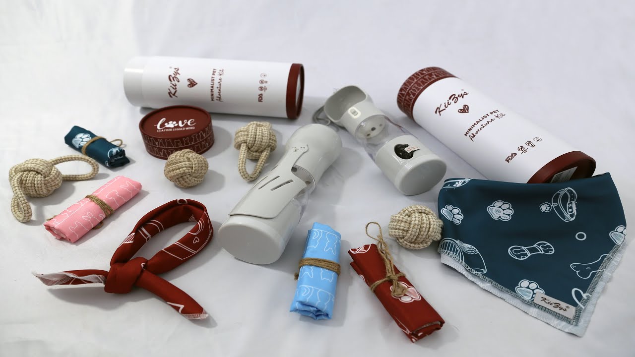 KiiZYs Puppy Essentials - 4-in-1 Portable Pet Water Bottle Pink Green Bandana Chew Toy Birthday Gift