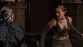 The man and woman fought, the woman was stabbed by a sword, the woman got a friend's help  and they