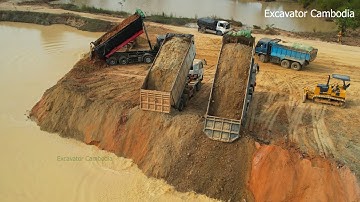 Part 2 Incredible Operator Skill Bulldozer Pushing Dirt - Truck Dumping Soil Back Filling Pond