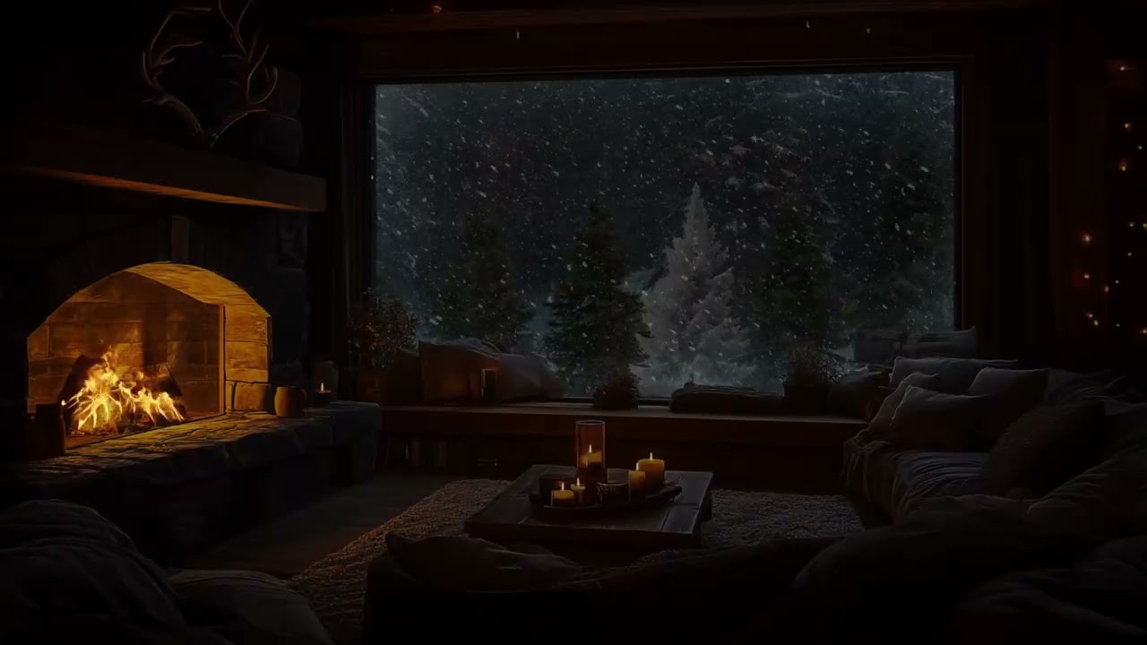 Peaceful Winter Cabin with Falling Snow and Fireplace Crackling for Sleep, Study and Relaxation