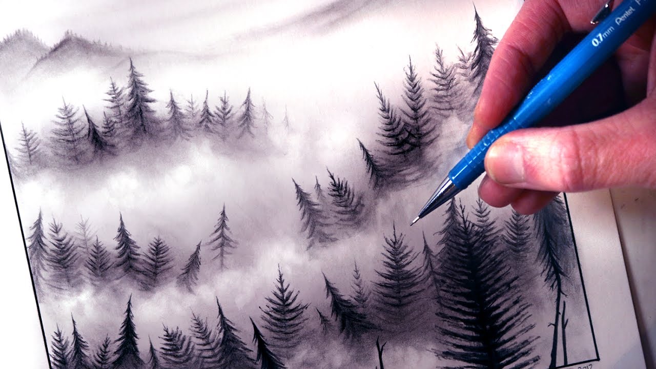 How To Draw A Misty Forest Landscape Youtube