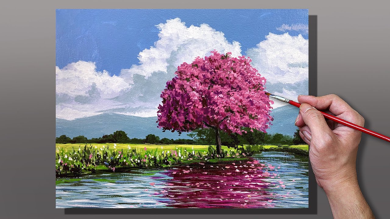 Acrylic Painting Cherry Blossom River Reflection - YouTube