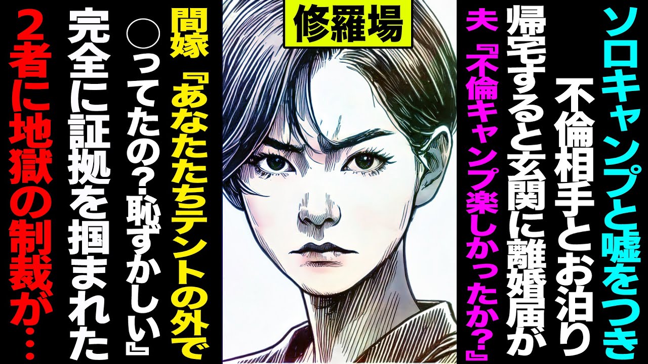 【漫画】ソロキャンプと嘘をついて不倫相手とお泊り→帰宅すると玄関に離婚届が→夫『不倫キャンプは楽しかったか？』→テントの外で◯っていた恥ずかしすぎる証拠映像も→完全に証拠を掴まれた2者に地獄の制裁が