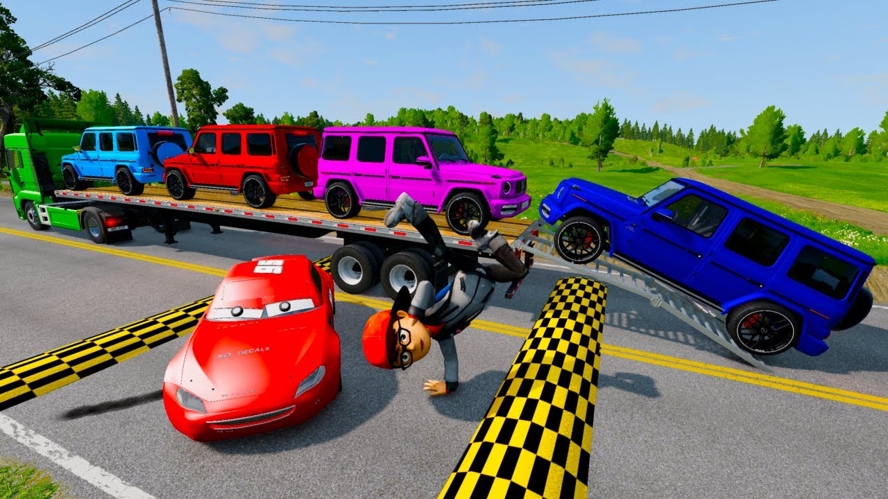 TRANSPORTING PIXAR CARS & FRUITS WITH COLORED & JOHN DEERE vs CLAAS vs TRACTORS - BeamNG.drive 