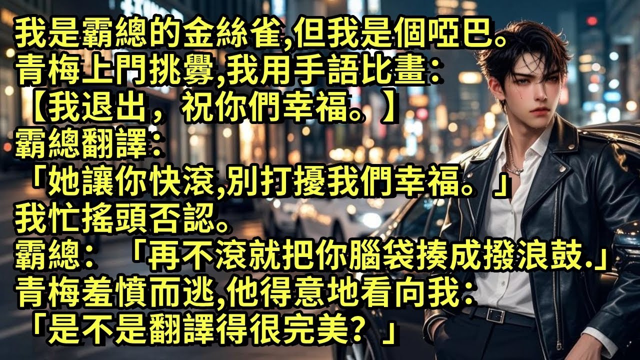 我是霸總的金絲雀，但我是個啞巴。青梅上門挑釁，我用手語比畫：【我退出，祝你們幸福。】霸總翻譯：「她讓你快滾，別打擾我們幸福。」我忙搖頭否認。霸總：「再不滾就把你腦袋揍成撥浪鼓。」青梅羞憤而逃……