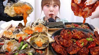 ASMR Mukbang | 🦀Soy Sauce Marinated Crabs and Spicy Seasoned Crabs are my all time best (Ft. salmon)
