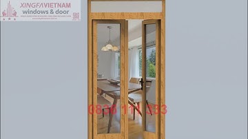 Cửa đi mở quay 2 cánh nhôm Xingfa Quảng Đông tem đỏ màu vẫn gỗ bản lề 3D