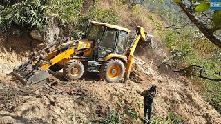 Narrow Mountain Road Construction with JCB Backhoe