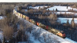 Awesome Aerial 4K View - All Double Stacked! Extra Stack Train CN X120 Approaching Berry Mills, NB