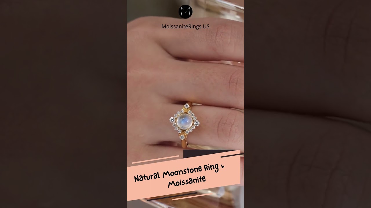 Natural Moonstone Engagement Ring with Moissanite - Moonstone Wedding Ring | MoissaniteRings.US