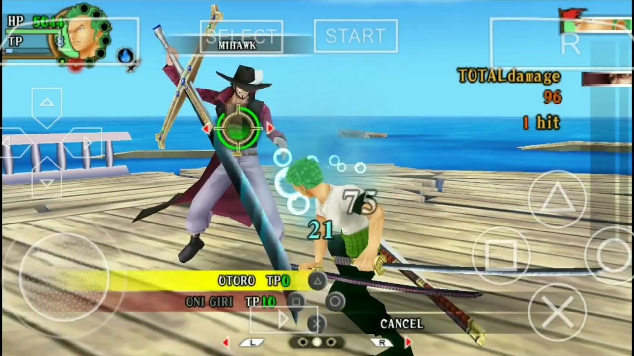 Zoro VS Mihawk in Baratie One Piece Romance Dawn Game PPSSPP