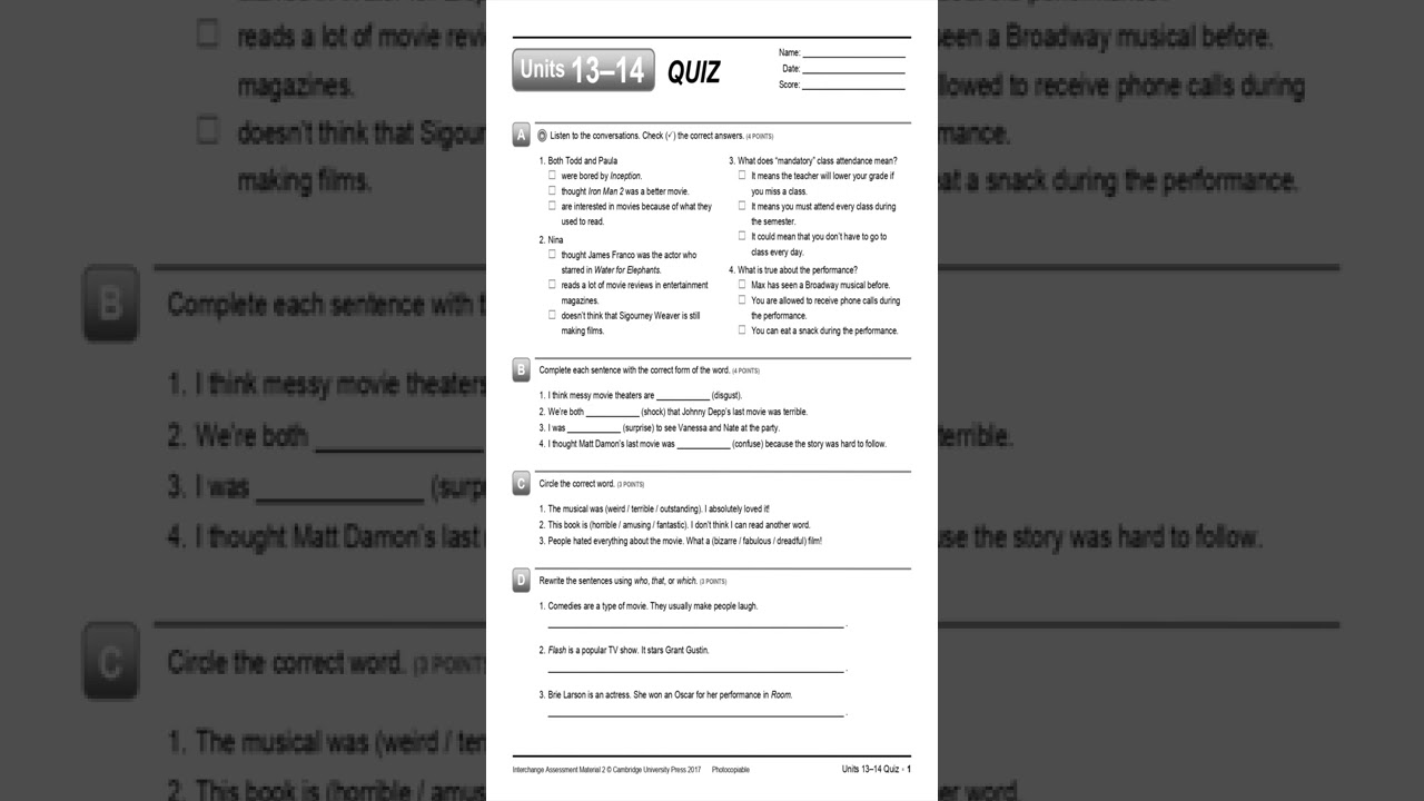 Interchange 5th Level 2 Assessment L2 Written Quiz Units 13-14