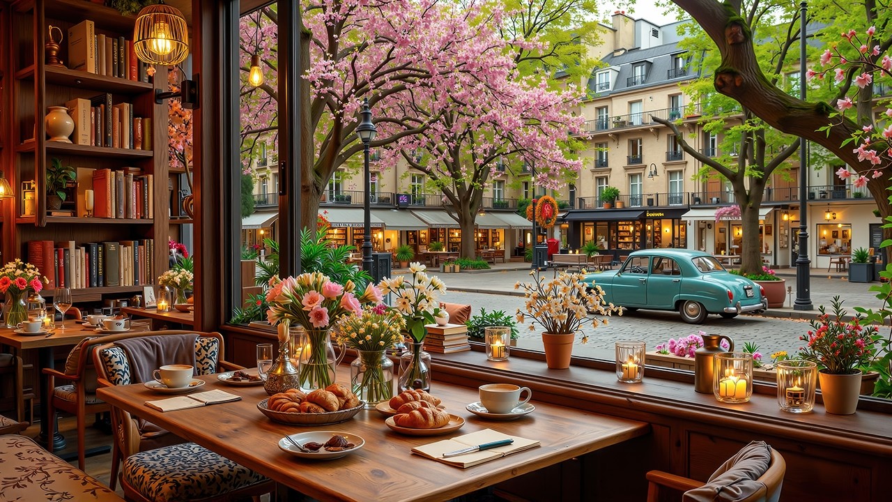 Spring European Café Jazz 🌸 Cozy Window Ambience with Bossa Nova Instrumental for Relax & Study