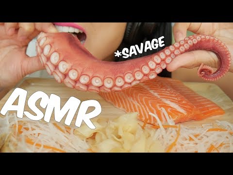 ASMR SALMON & OCTOPUS SASHIMI (RAW SAVAGE Extreme Soft Chewy EATING SOUNDS) No Talking | SAS-ASMR