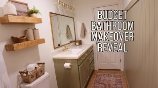 BUDGET BATHROOM MAKEOVER *REVEAL* | EASIEST VERTICAL SHIPLAP WALL EVER + FRAMING THE MIRROR