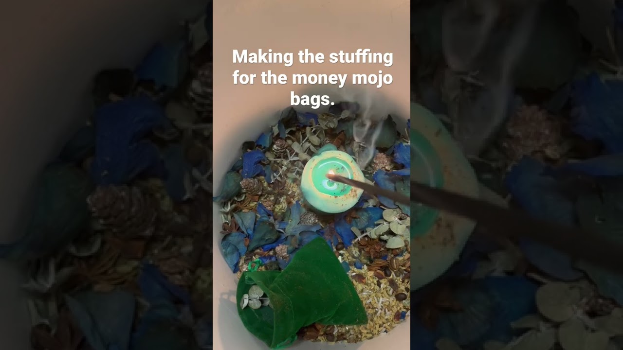 Making the stuffing for the money mojo bags