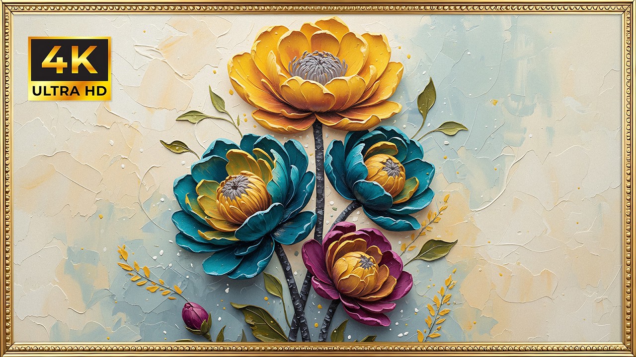 Vibrant Textured Peonies & Blooms | Gold Framed 4K Art Screensaver |  Frame TV Wallpaper