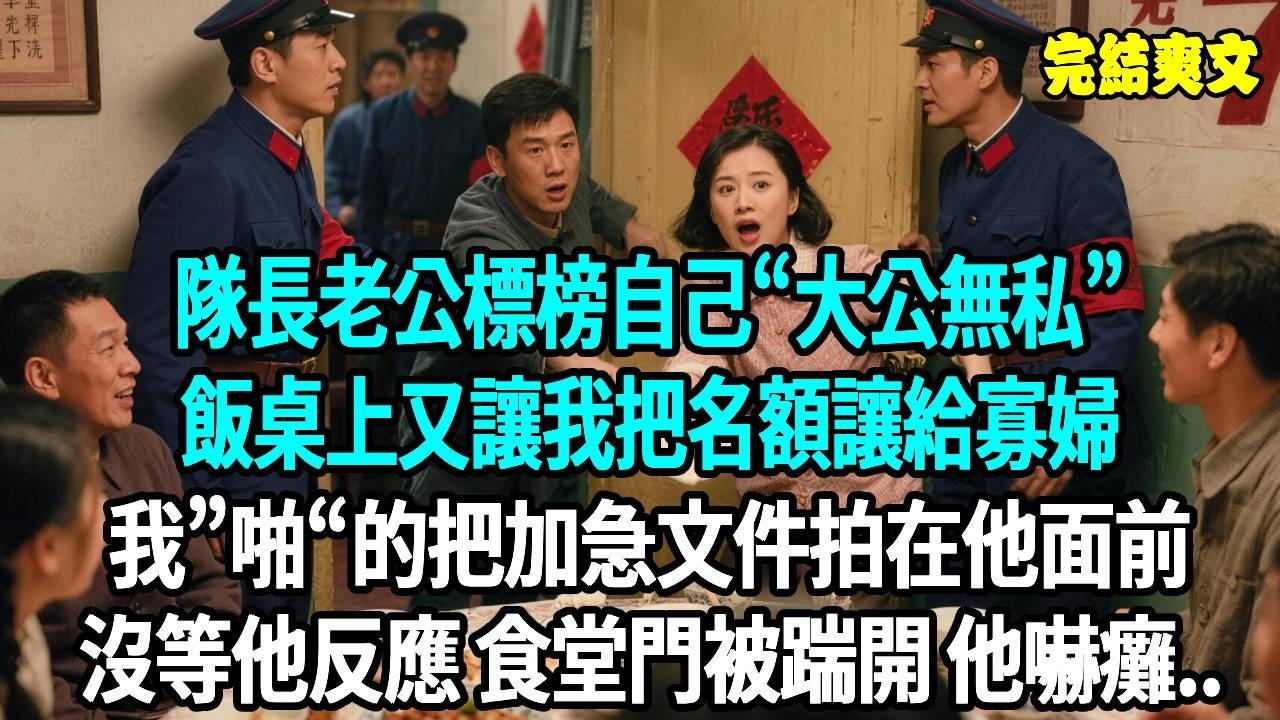 隊長老公標榜自己“大公無私”，飯桌上又讓我把名額讓給寡婦，我”啪“的把加急文件拍在他面前，沒等他反應 食堂門被踹開 他嚇癱..#爽文#重生#原創