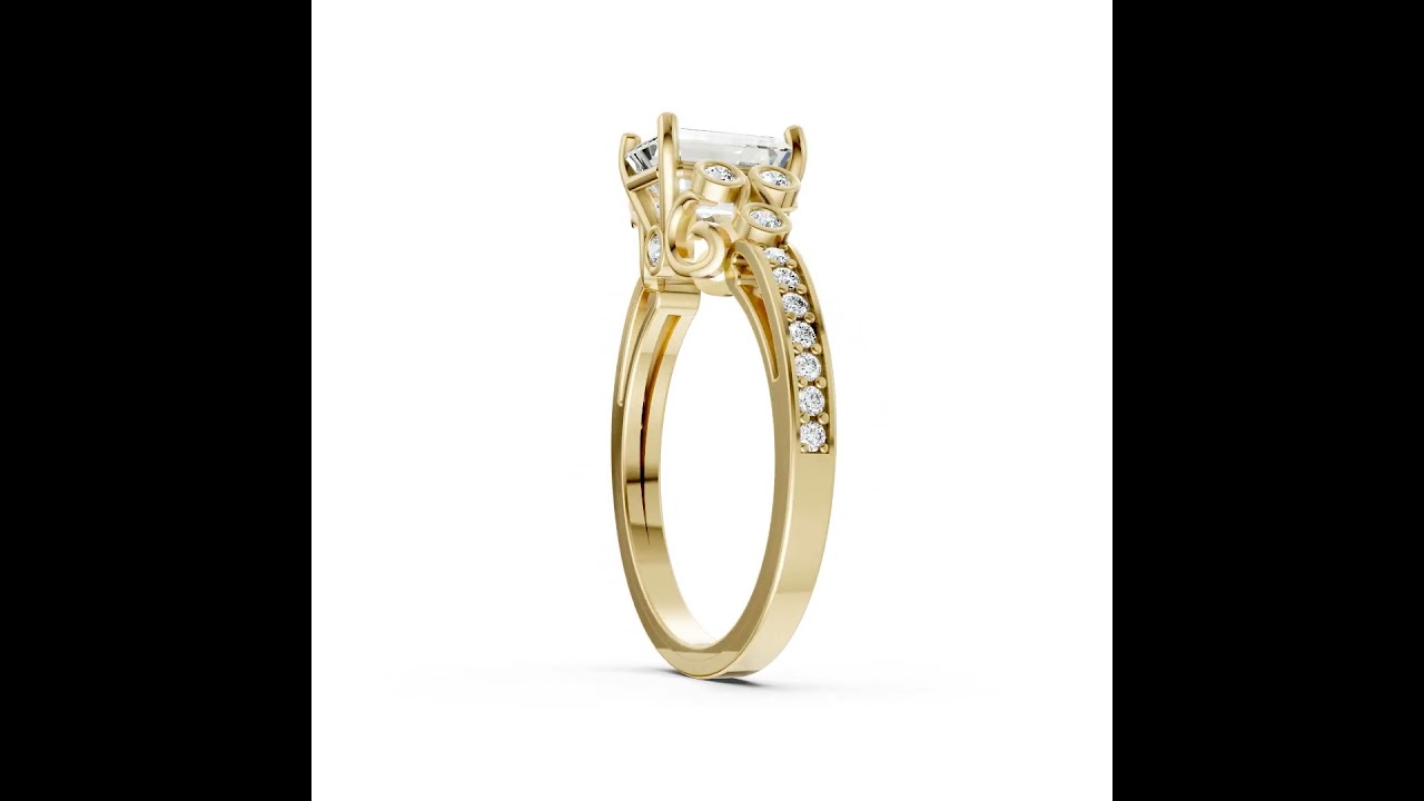 Emerald Cut Diamond With Bezel Cluster & Scroll Gallery Ring