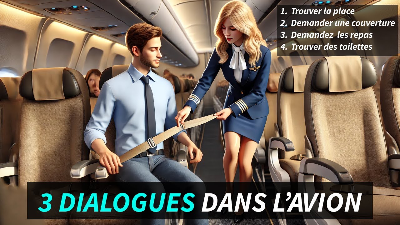 3 dialogues en français  dans l'avion, enregistrement,  conversation d'embarquement, Travel French