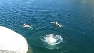 jumping off a 8 foot rock with friends at pinecrest CA