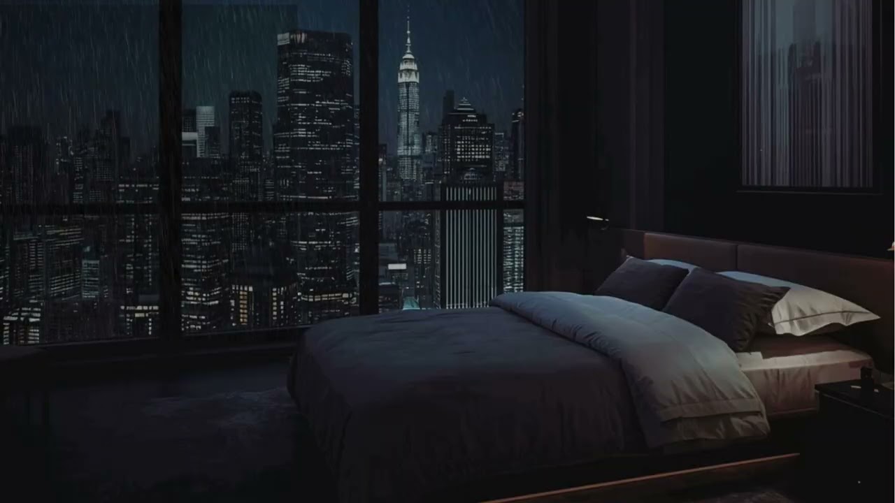 Rain for Sleep - Million Dollar Apartment Night View Of New York City In Heavy Rain | Relaxing Rain