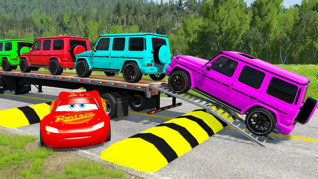 Flatbed Trailer Cars Transporatation with Truck - Pothole vs Car - BeamNG.Drive #114