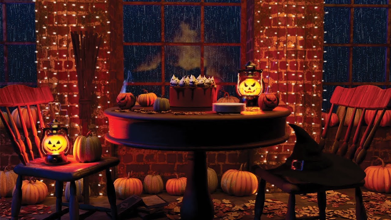 ⁣Cozy Halloween Night In Ambience: Crackling Fireplace Sounds, Rain on Window, Bubbling Brew