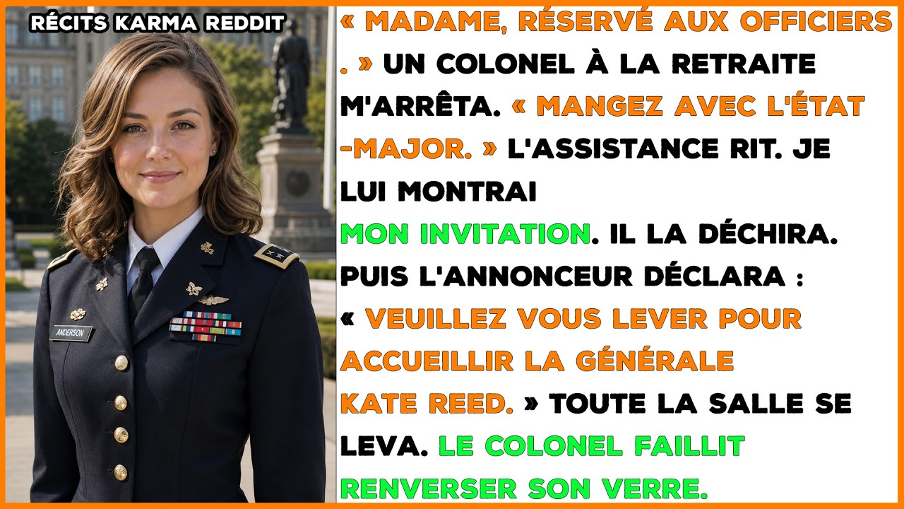 Elle ajusta sa robe bleu nuit, savourant une soirée sans uniforme. « Madame, réservé aux officiers. » Le colonel à la retraite la toisa avec un mépris poli. « Les généraux n’arrivent pas seuls,...