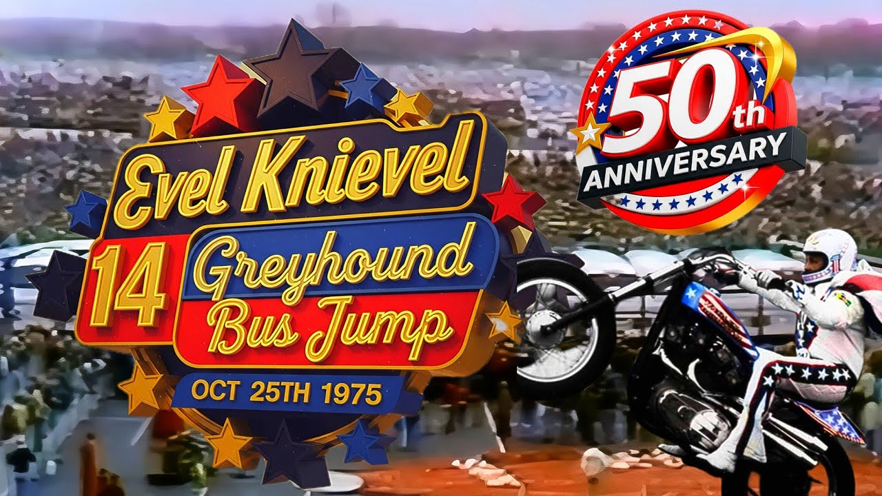 14-й прыжок Эвела Нивела с автобуса Greyhound, 25 октября 1975 года, HD-качество. Эпический миров...