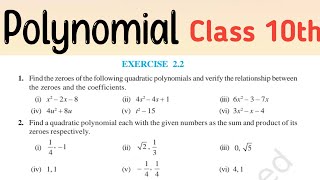 Polynomial class 10th exercise 2.2 formation of quadratic polynomial