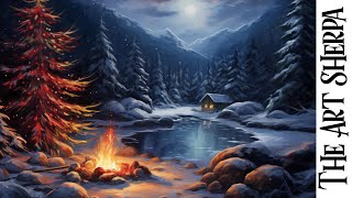 Starry Night Winter Mountain Lake Cabin with Christmas tree and FIRE 🌟🎨  Acrylic Painting tutorial