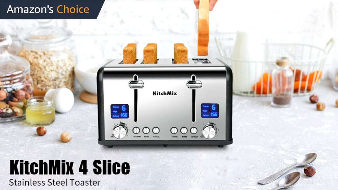 KitchMix Toaster 4 Slice, Bagel Stainless Toaster with LCD Timer, Extra  Wide Slots, Dual Screen, Removal Crumb Tray (Gray)