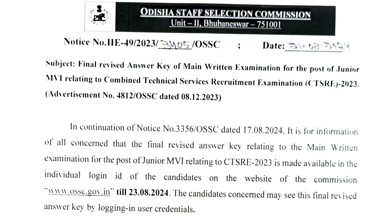 OSSC Junior MVI Main Written Exam Revised Answer Key Notification Released 2024