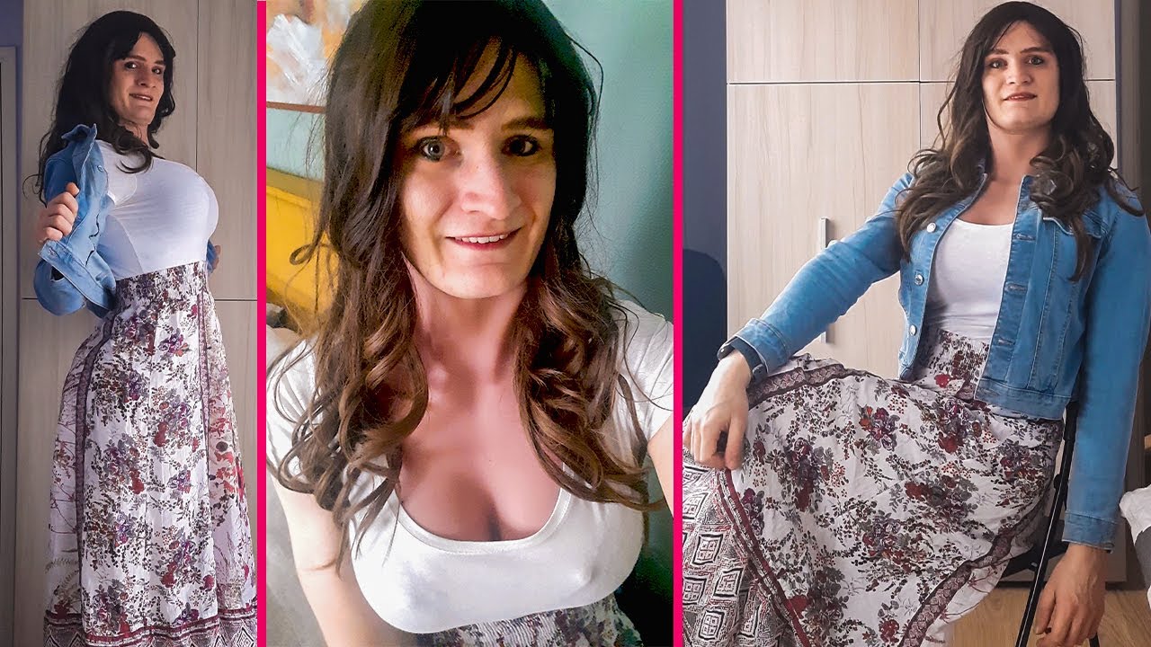 Cute crossdresser wearing romantic maxi skirt