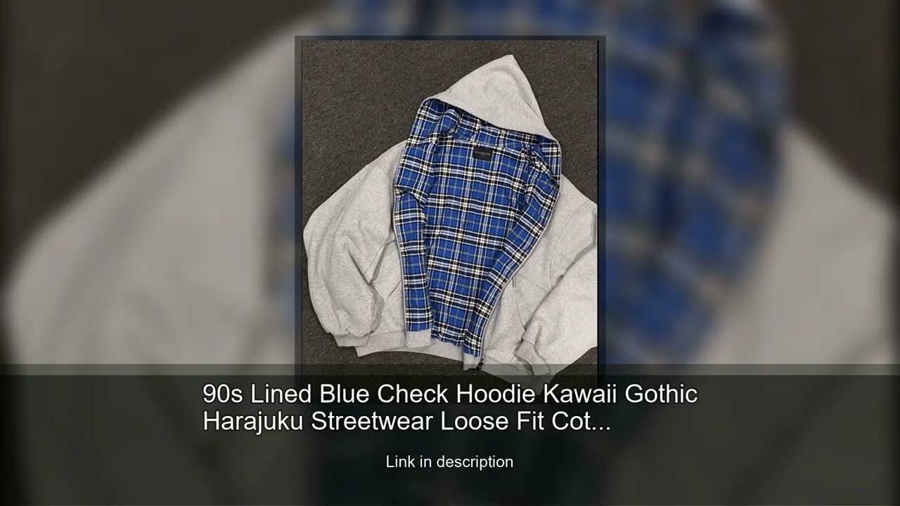 90s Lined Blue Check Hoodie Kawaii Gothic Harajuku Streetwear Loose Fit Cotton Pullover Double