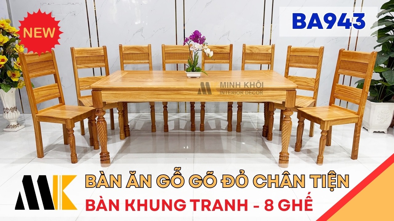 Bàn Ăn Gỗ Gõ Đỏ 8 Ghế Chân Tiện Cao Cấp – BA943 | Minh Khôi
