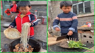 Little boy cooking food like professional chef  조리 クック Rural life