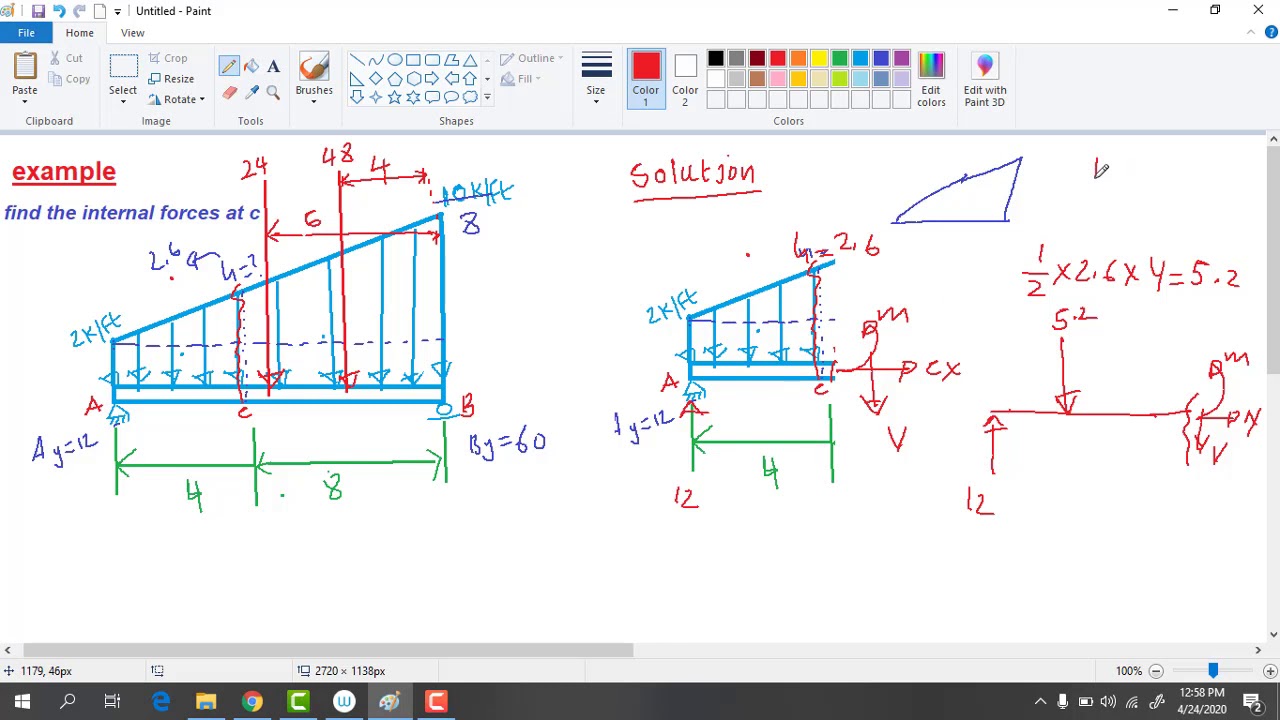 Determine the internal normal force, shear force, and bending moment in the beam at points C