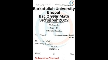Barkatullah University Bhopal Bsc 2 year Math 3rd pepar 2022