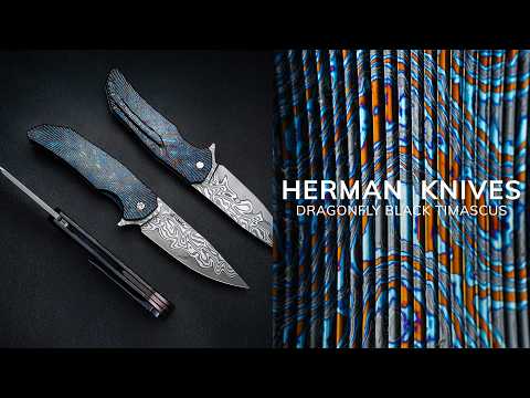 FOLDING KNIFE FOLDER DRAGONFLY  DAMACORE BLACK TIMASCUS LEFTY (C0045) FULL DRESS HERMAN KNIVES
