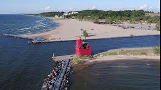 Holland Harbor Lighthouse Aerial Stock Video 2