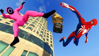 GTA 5 Spiderman & Squid Game Guard Trampoline Jumping Off Highest Buildings
