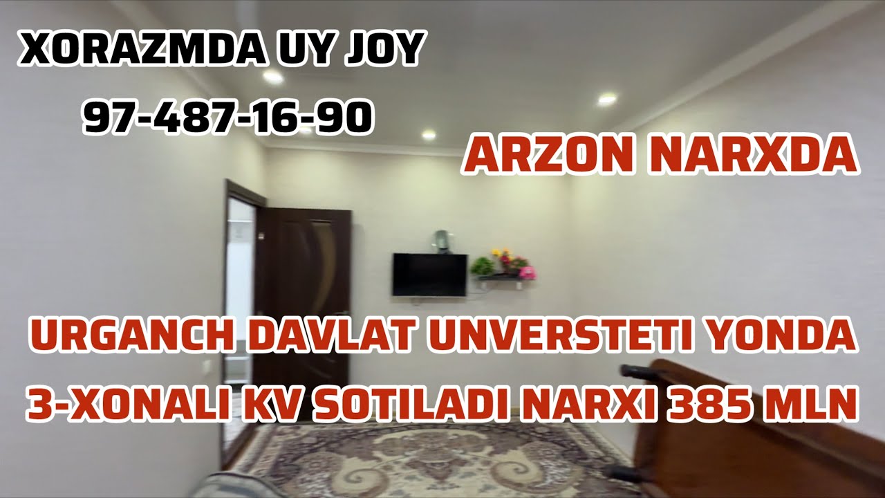 Urganch Davlat unversteti yonda tayyor 3-xonali kv sotilad arzon narxda 385 mln som TEL:97-487-16-90
