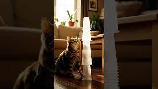 Gato travieso derriba torre de vasos y desaparece en caja