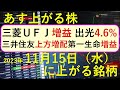 あす上がる株　2023年１１月１５日（水）に上がる銘柄　～最新の日本株での株式投資のお話です。三菱ＵＦＪ、三井住友、出光興産、第一生命、ヤクルト、Ａｂａｌａｎｃｅの決算～