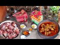 Mutton curry cooking and eating by santali tribe women for their lunch menurural village india